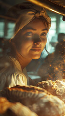 Woman Smiling with Satisfaction as She Bakes a Pie in a Glowing Oven
