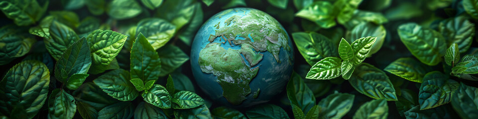 Earth globe with green leaves and plants in nature. Environment and conservation concept. International Mother Earth Day. Environmental problems and protection. Caring for nature - obrazy, fototapety, plakaty
