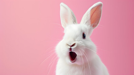 Astonished White Rabbit Expressing Surprise Against a Vibrant Pink Background