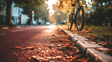 Bicycle parked next to red asphalt cycling lane, bike path in autumn park with fallen leaves at sunset, concept of eco-friendly urban transportation - obrazy, fototapety, plakaty