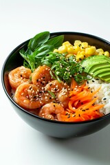Poke bowl, riz, saumon, avocat, crevette, plat sain et coloré dans un bol, illustration ia générative