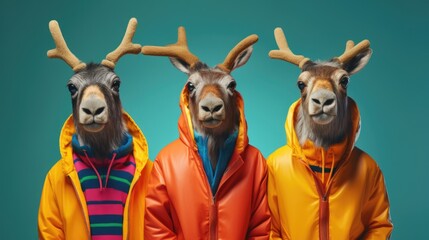 Creative animal concept. Elk in a group, vibrant bright fashionable outfits isolated on solid background advertisement, copy text space, copy text space