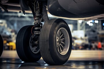 Close-up view of an aircraft's landing gear, showcasing the intricate details of the main and nose wheels against a backdrop of a bustling airport hangar - obrazy, fototapety, plakaty