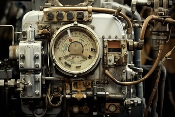 A Detailed View of a Throttle Quadrant in an Industrial Setting, Highlighting the Intricate Mechanical Components Against a Grungy, Metallic Background