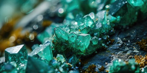 Emerald mineral crystals close macro photography. Glowing mineral. Light green gleam. Mineral raw rock. Glowing gemstone