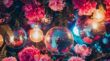 disco balls and peonies pattern, festive background - obrazy, fototapety, plakaty
