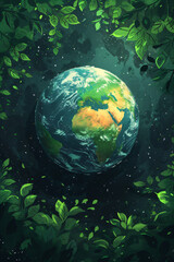 Obraz na płótnie Canvas Earth globe with leaves and plants on green background. Environment and conservation concept. International Mother Earth Day. Environmental problems and protection. Caring for nature