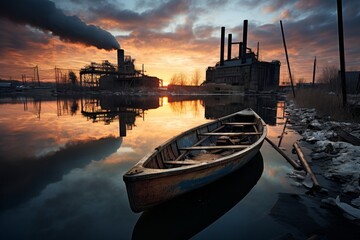 A rustic wooden raft floating on a calm river, with an industrial backdrop of towering smokestacks, rusted machinery, and a vibrant sunset - obrazy, fototapety, plakaty