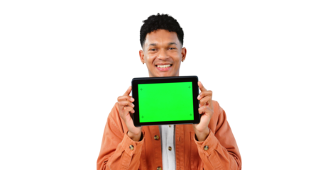 Portrait, smile and man with green screen on tablet for social media on transparent, isolated or png background. Happy, person and presentation of technology online for streaming a video on app