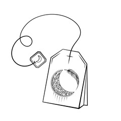 Black and white crescent moon tea bag illustration. Magic calming tea for a good sleep and relaxation.