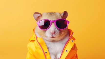 Fototapeta premium Creative animal concept. Hamster in a group, vibrant bright fashionable outfits isolated on solid background advertisement, copy text space