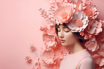 Girl with flowers on her head isolated on pink background in studio. March 8, International Women's Day concept. Floral arrangement. Creative hairstyle. generative AI