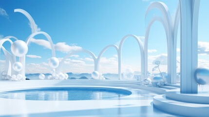 Obraz na płótnie Canvas a 3d rendering of a futuristic landscape with a pool and arches in the foreground and clouds in the background.