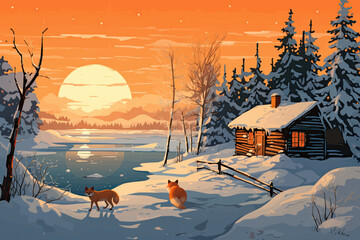 Vector illustration of foxes at sunset in winter