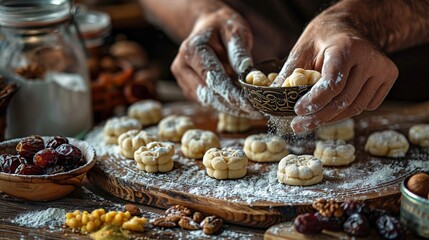 Hands dusted with flour are shaping Maamoul cookies. Ingredients and tools are spread out on a rustic wooden table. Preparation for Eid al-Fitr celebrations. AI Generated