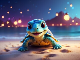 Sweet Baby Turtle in Sandy Night, Beautiful baby turtle in the beach, cute baby animals for kid's room decoration, Kid's wall art, Cute beautiful baby animals 