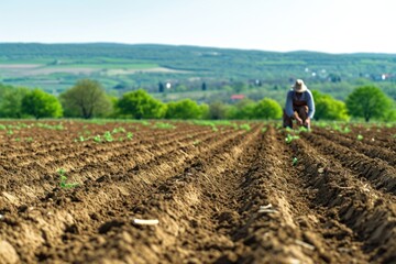 "Farmer Working in Field, Rural Landscape