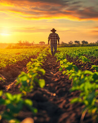 Back of the farmer man wearing hat walking in the green field among the plants, golden hour sunset landscape, Generative AI