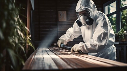 A disinfectant putting on a protective suit washes and disinfects the interior surfaces of the house. Sanitary treatment, prevention and control of viral epidemics and insect pests.
