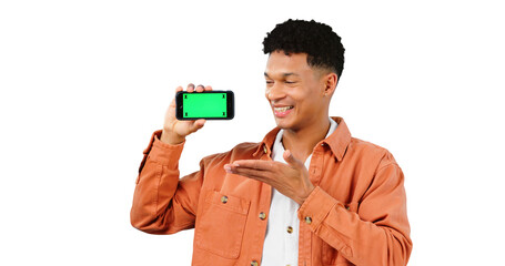 Man, smile and phone with green screen in hand for social media on transparent, isolated or png background. Happy, person and presentation of information on smartphone for streaming video on app