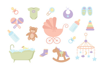 Set of cute baby and baby items icons. Vector illustration