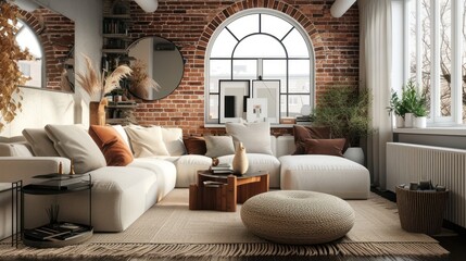 a living room brick wall white couch with pillows coffee table vase on it.