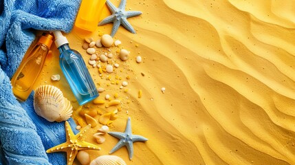Empty golden yellow copy space framed with beach objects at left side, blue terry towel, colorful pebbles, sunscreen lotion bottles and starfish. Summer travel concept. Holiday on the golden beach. - obrazy, fototapety, plakaty