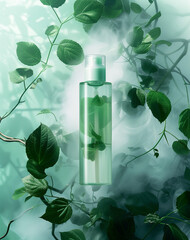 Cosmetics spray bottle with plant leaves and mist, organic beauty product package design, Generative AI