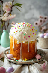 Traditional Easter Russian sweet Kulich dish with white nonpareil topping, eggs and pastel spring decoration, Generative AI