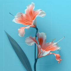 Two pink lily flowers on blue background, Generative AI
