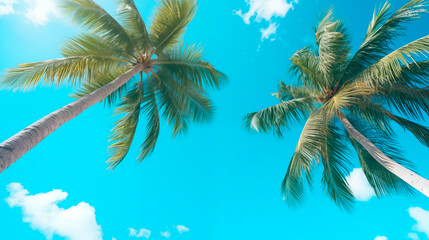 Palm trees against the background of a blue bright cloudless blue sky. Tropical plant, view from bottom to top. Beautiful tropical background with trees