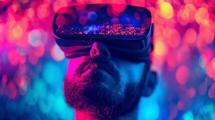 Male person with beard looking up wearing glasses of virtual reality, VR future, Generative AI