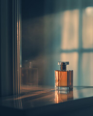 Perfume bottle next to the mirror, window shadow on the wall, Generative AI