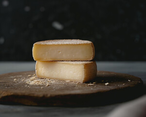Parmesan cheese cut in half on a wooden cutting board, dark black background, Generative AI