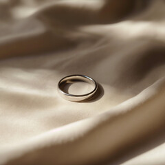 Minimal silver wedding ring on a fabric textile, Generative AI