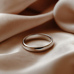Minimal silver wedding ring on a beige silky textile, Generative AI