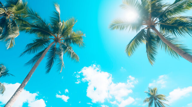 Palm trees against the background of a blue bright cloudless blue sky. Tropical plant, view from bottom to top. Beautiful tropical background with trees