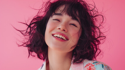 Portrait of smiling young beautiful woman with dark hair bob haircut, pink background, Generative AI