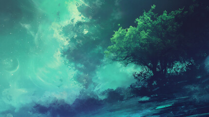 Fototapeta na wymiar Dreamy green and blue forest background, tree and sky, Generative AI