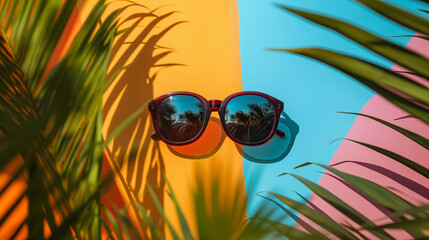 Summer sunglasses on yellow, blue and pink colorful background surrounded by green tropical leaves, Generative AI 