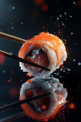 Sushi roll with chopsticks, salmon fish, rice and red caviar, isolated on black background, Generative AI