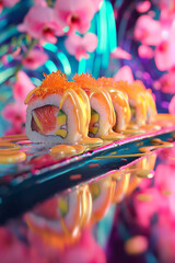 Bright sushi rolls set with red salmon fish, cheese and red caviar on top, Generative AI