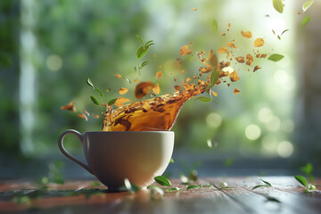 Black tea with leaves splashing out of white cup, green blurred background, Generative AI