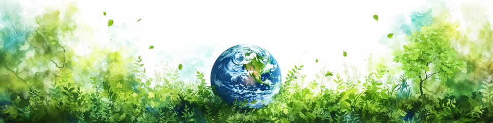 Earth globe with green leaves and plants on white background. Environment and conservation concept. International Mother Earth Day. Environmental problems and protection. Caring for nature