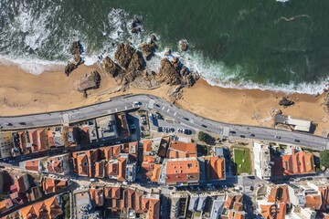 Serenity in Motion: Captivating Aerial Vista of Foz Do Douro Beach and the Vibrant Porto Cityscape