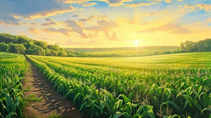 Gordijnen A Corn Field with a Fiery Sunset and Clouds © artestdrawing