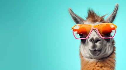 Poster Creative animal concept. Llama in sunglass shade glasses isolated on solid pastel background, commercial, editorial advertisement, surreal surrealism © Usman