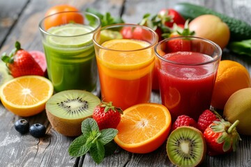 fresh fruit and vegetable juice in a glass - obrazy, fototapety, plakaty