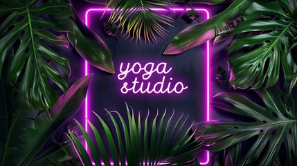 monstera leaves and palm leaves frame with text yoga studio with neon lighting