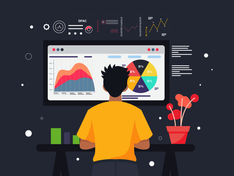 Data scientist working standing at his desk, Data science concept flat design illustration